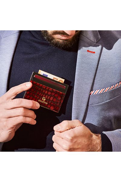 GT Collection GT Collection, Men's Shiny Croc-Print Card Holder - Red Genuine Leather Size: 10cm x 7cm x 0.3cm