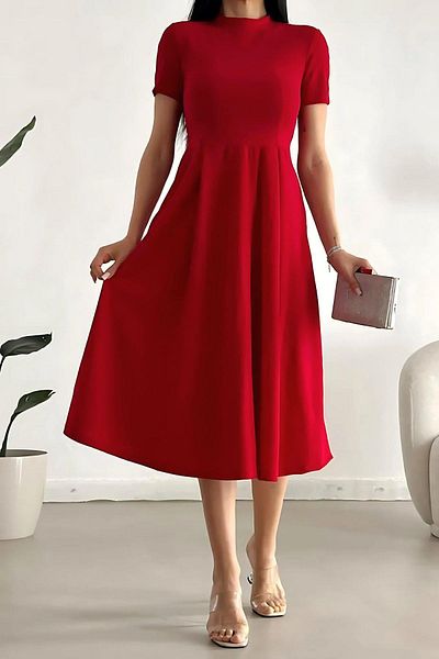 Mossta Red Short Sleeve Waist Fitted Midi Dress with Pockets