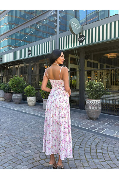 MODA İp askılı Pembe çiçekli yazlık şık elbise