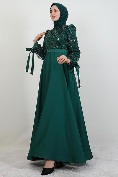 GİYZAMİLA Βραδινό φόρεμα Stoned Satin Hijab Emerald
