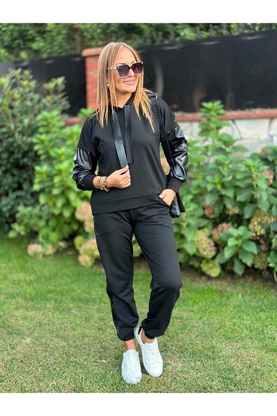BUKETLİ Women's Leather Detailed Hooded Double Set