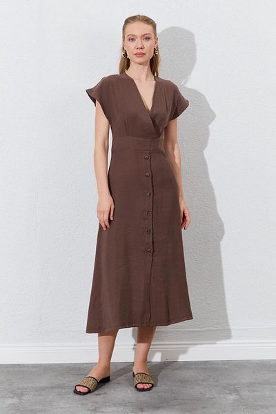 TENA Women's Brown Double-Breasted Collar Skirt Buttoned Modal Dress