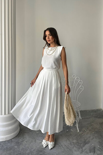 Viyamo Linen Sleeveless Bluz - Maxi Skirt Set - White