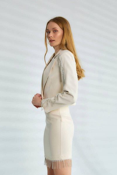 QİMYA BUTİK ROBIN Women's Shoulder-To-Cuff Stone Fabric Crop Crepe Jacket