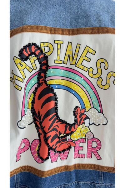 QİMYA BUTİK ROBİN Γυναικεία μανίκια χρωματιστά πλεκτά Λεπτομερή κεντημένη πλάτη με γούνινο εσωτερικό τζιν μπουφάν