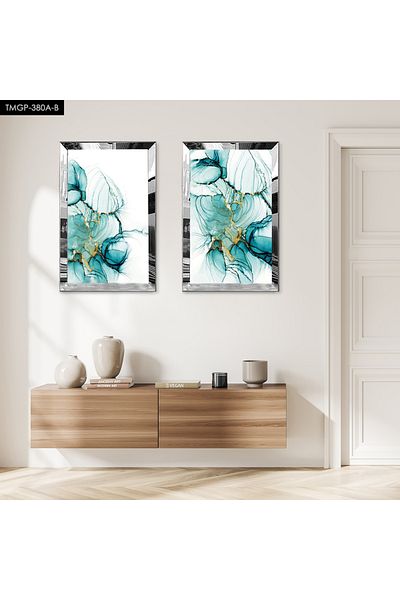 Zevahir Mobilya Dekorasyon SET DE MASA MDF DUBLA DECORATIV DE MASA MODERN VERDE APA CU CADRU DE PLEXY CU OGLINDA SILVER