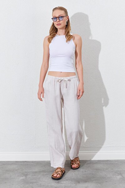 TENA Women's Stone Waist Rope Tied Linen Side Pocket Wide Leg Pants