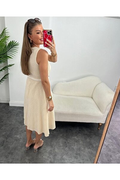 BEBE PLUS Kadın Bisiklet Yaka Kolsuz Kordonlu Fisto Elbise