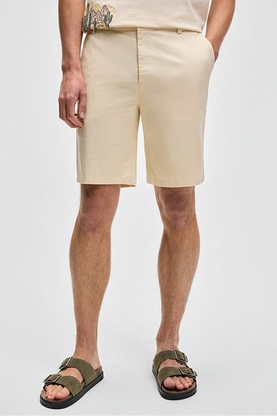 GRIMELANGE Teemo men's zipper with side pockets Stretch Fabric Slim Fit light beige shorts