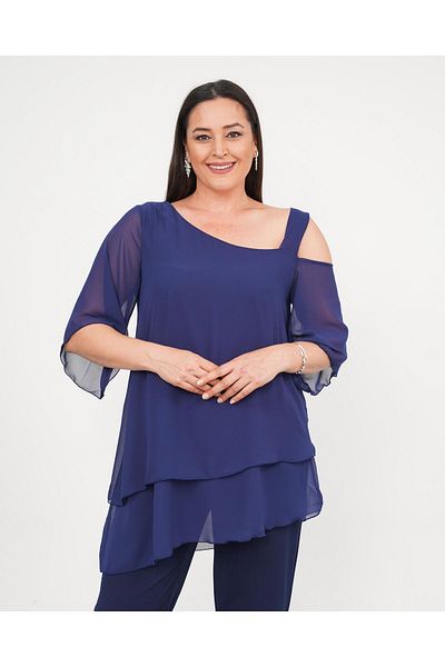 Butik Nilyam Women's Plus Size Chiffon One Shoulder Suspender Detailed Blouse Stretchy Pants Evening Dress Suit 24718