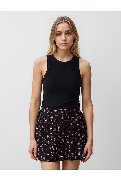 Jimmy Key Black Normal Waist Floral Patterned Knitted Mini Skirt