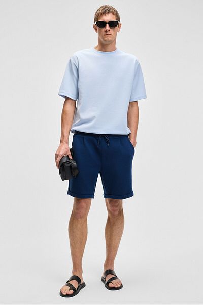 GRIMELANGE Youri Men's Elastic Waist Back Single Pocket Relaxed Fit Navy Blue Shorts