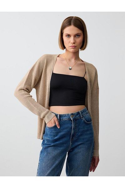 Jimmy Key Cardigan din tricotaje argintii cu mânecă lungă cu guler deschis auriu