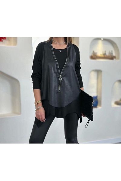 Kelepire Düştü Women's Long Sleeve Asymmetrical Cut Viscose Blouse and Cracked Leather Look Zipper Detailed Vest Double Jewelry