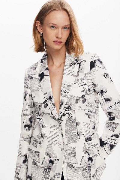 QİMYA BUTİK Robin Women's Newspaper and Butterfly Printed Fabric Jacket