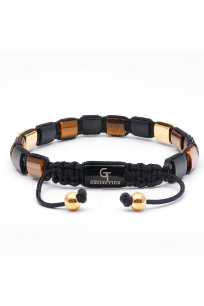 GT Collection Pánský náramek GT Collection s plochými korálky, TYGŘÍ OKO, ČERNÝ ONYX, energetické kameny, univerzální velikost a nastavitelná šňůrka