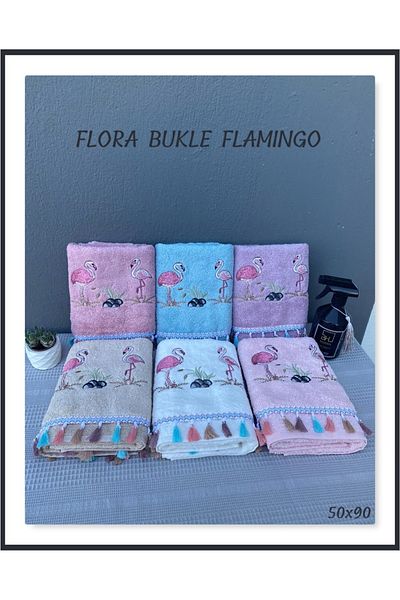 Beğenal Set of 6 Flora Bukle (Flamingo) Embroidered Hand-Face Towels (50 X 90 cm)