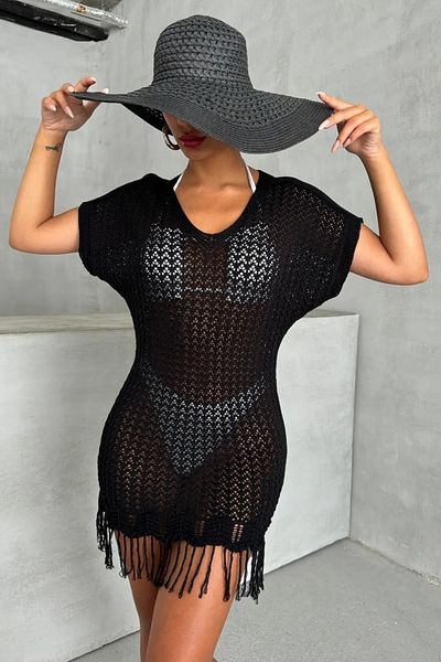 AQE FASHION Γυναικείο Διχτυωτό Μίνι Φόρεμα Παραλίας Φούντα Μπικίνι Μπλούζα Μαύρο Τούνικ