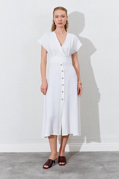 TENA Women's Ecru Double Breasted Collar Skirt Buttoned Modal Dress