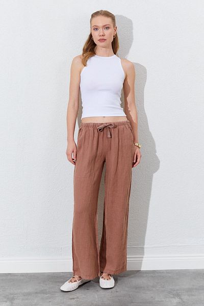 TENA Women's Mink Waist Rope Tied Linen Side Pocket Wide Leg Trousers