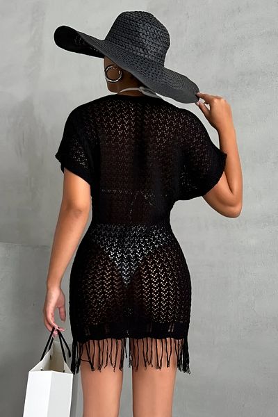 AQE FASHION Γυναικείο Διχτυωτό Μίνι Φόρεμα Παραλίας Φούντα Μπικίνι Μπλούζα Μαύρο Τούνικ