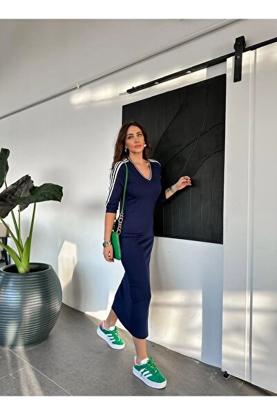 QİMYA BUTİK EGZOTIC Asortik Γυναικείο φόρεμα με λαιμόκοψη σε σχήμα V και μακρύ μανίκι με 3 ρίγες, μίντι μήκους, χτενισμένο βαμβακερό φόρεμα