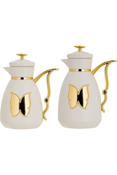 ALSAIF Coffee And Tea Vaccum Flask Set In Ivory/gold / Leak-proof And Keeps Drinks Hot 1.0/1.0 Liter