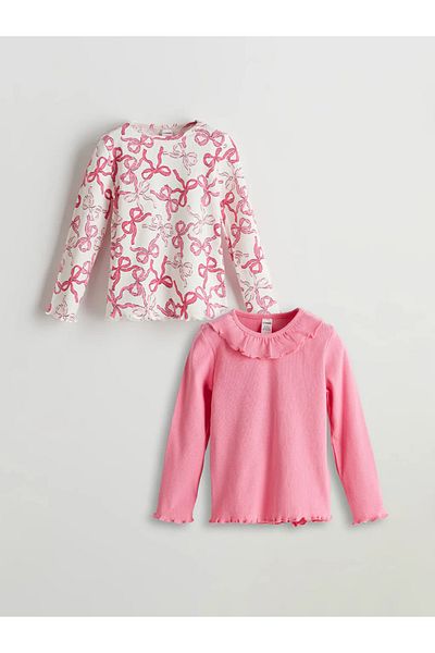 LC Waikiki Lcw Kids Ecru Crew Neck Ribbon Detailed Girls T-Shirt Pack of 2