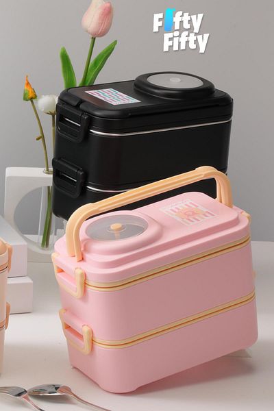 Uzspace 1200 ml Two Layers Four Compartments Stainless Steel Lunch Box New Generation Lunch Box - with Sauce Bowl Model -