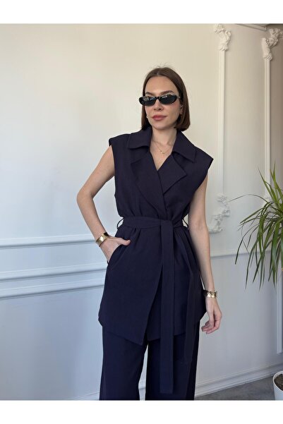 QİMYA BUTİK MAGARDE Women's Mid-Length Belted Vest and Loose Trousers Double Linen Set