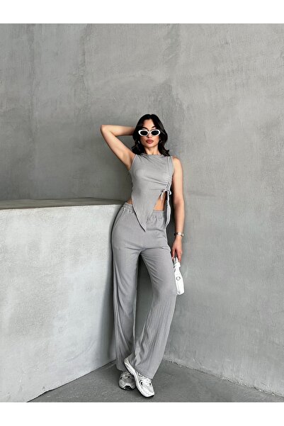 onlymoon Women's Clothing Asymmetric Cut Detail Burmcuk Fabric Bottom-Top Suit, Pants Bady