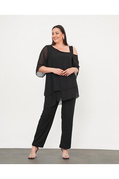 Butik Nilyam Women's Plus Size Chiffon One Shoulder Suspender Detailed Blouse Stretchy Pants Evening Dress Suit 24718