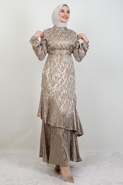 GİYZAMİLA Self Patterned Asymmetrical Dress Beige