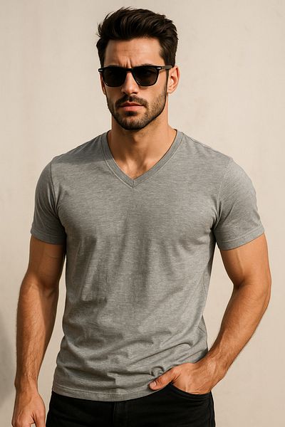Rich Men's 100% Cotton Short Sleeve V-Neck Gray T-Shirt