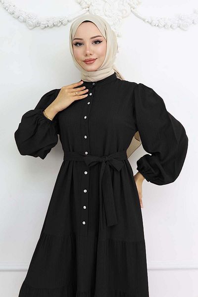benguen Πέτρινο Κουμπωτό Καντράν Hijab Φόρεμα Μαύρο 2268