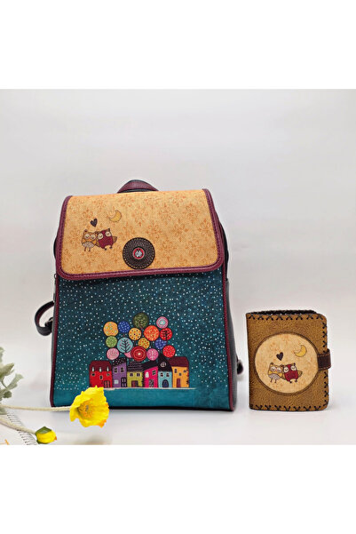HOODİEMOUSE Owl Figured Cover Backpack Black, Wallet Mustard Ethnic Bohemian Style Wallet Combination