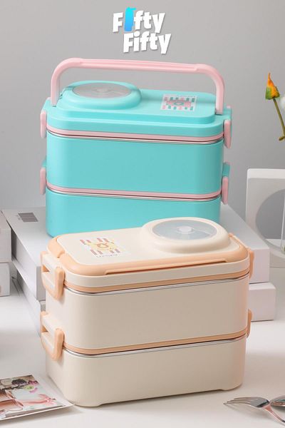 Uzspace 1200 ml Two Layers Four Compartments Stainless Steel Lunch Box New Generation Lunch Box - with Sauce Bowl Model -