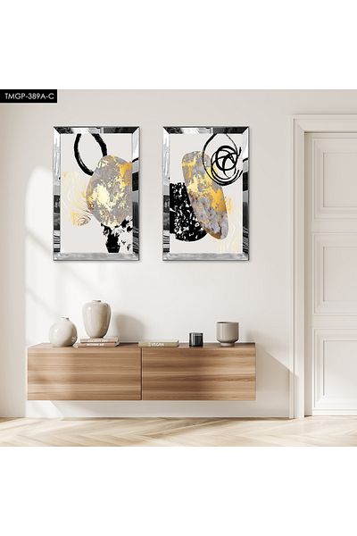 Zevahir Mobilya Dekorasyon CADRU PLEXY CU OGLINDA ARGINTIE FORME AURII ȘI GRI Forme decorative abstracte SET DE MASA MDF BINAR