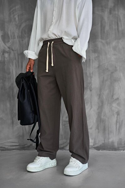 ablukaonline Ανδρικό παντελόνι Baggy Fit Linen Look Καφέ