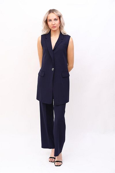 ÖNDER ÖZSOY Single Button Loose Vest & Wide Leg Pants Set-Navy Blue