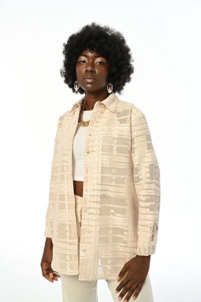 Orfeo Negro KADIN KREM TRANSPARAN DESENLİ OVERSIZE GÖMLEK