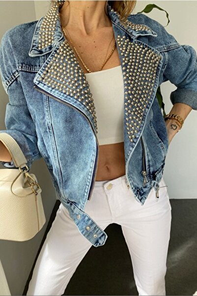 SAGİ JEANS Γυναικείο γιακά με καρφωτό σταυρό Cover Biker Denim Παλτό