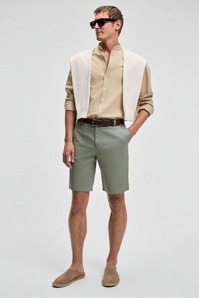 GRIMELANGE Teemo men's zipper with side pockets Stretch Fabric Slim Fit light khaki shorts