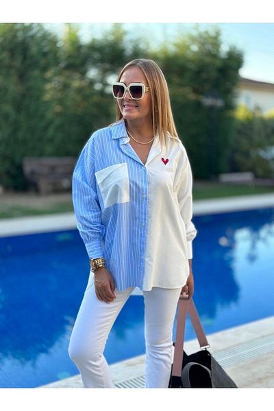BEBE PLUS Cămașă casual de damă, albastră, albă, cu detaliu inimă