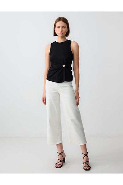 Jimmy Key Black Round Neck Sleeveless Shirring Detailed Knitted Blouse
