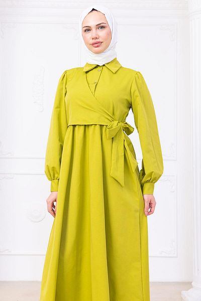 hafsamina Side Tie Hijab Dress Oil Green Hm2753