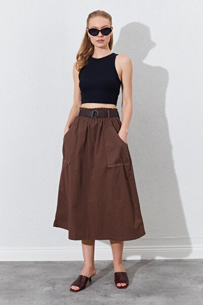TENA Women's Brown Palaska Belted Gabardine Skirt with Front Pocket