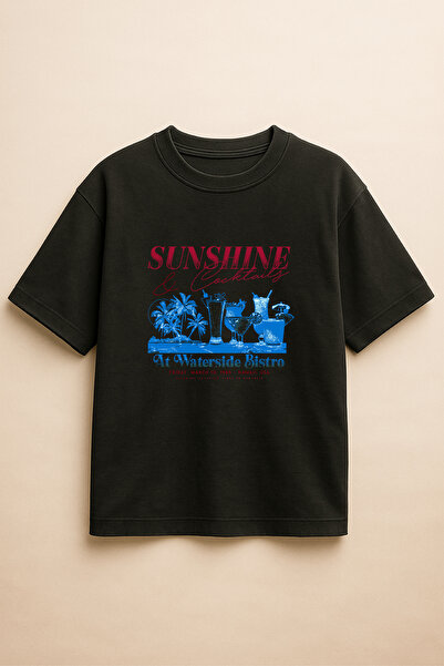 Altair Tr تي شيرت أسود اللون كبير الحجم مطبوع عليه كوكتيلات صن شاين للجنسين