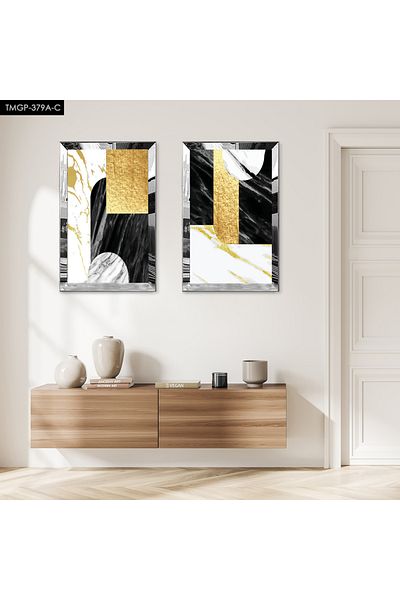 Zevahir Mobilya Dekorasyon SET DE MASA MDF DUBLA CU CADRU DE PLEXY CU OGLINDA ARGINTIE MODELE DECORATIVE AURII SI NEGRE