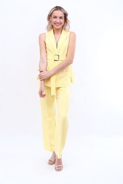 ÖNDER ÖZSOY Belted Classic Vest & Wide Leg Pants Set-Yellow